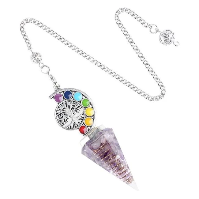Orgone Pendolo In Ametista Sfaccettato Albero della Vita 7 Chakra-- 15g 6 cm